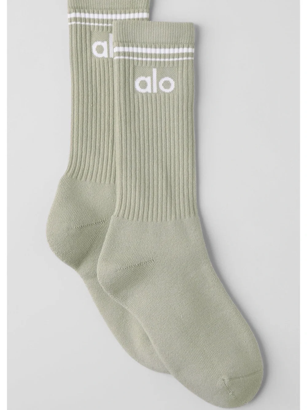 ALO Yoga Crew Socks in Sage Green with White Stripe